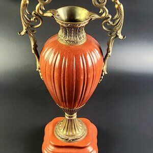 Vintage - Castilian - Brass & Porcelain - Brick Red Vase - China - 18.5" Tall